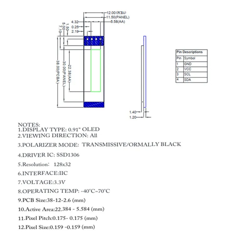 0.91'' Monochrome 128x32 SPI OLED Graphic Display Module — image 5