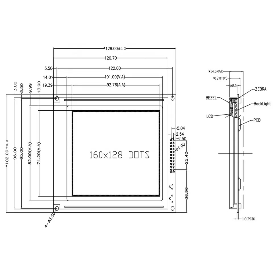 160x128 LCD Graphic Display Module, COB, FSTN — image 5